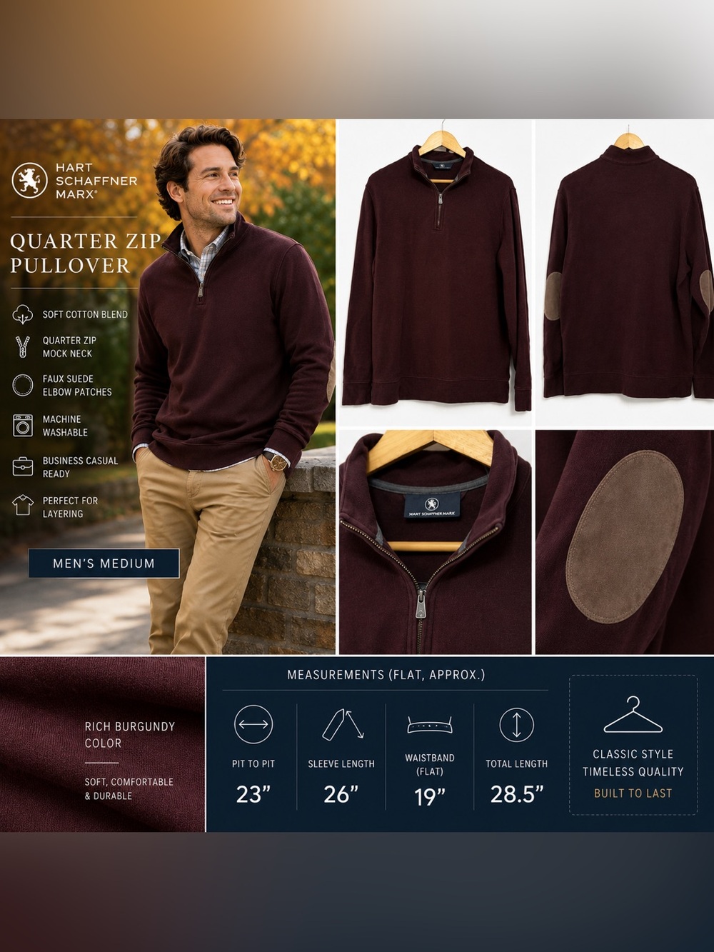 Hart Schaffner Marx Mens M Quarter Zip Pullover Burgundy Elbow Patch Cotton